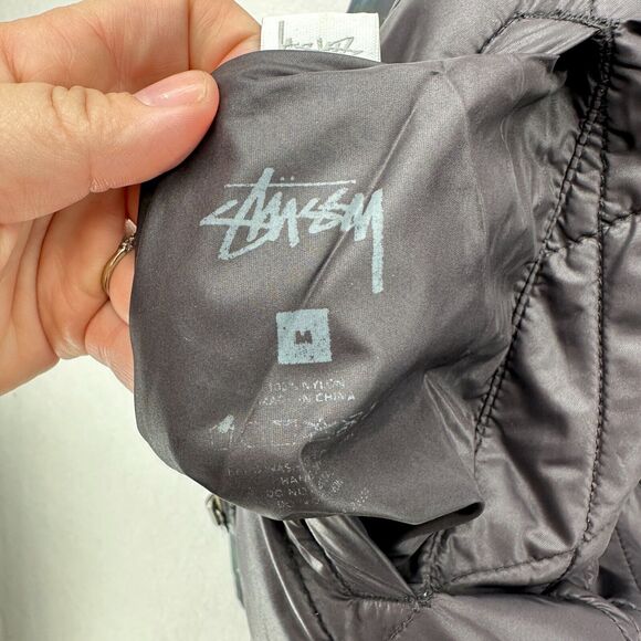 Stussy Quilted Coat Size M Reversible Plaid Black Bomber Jacket Pockets Winter - Picture 12 of 13